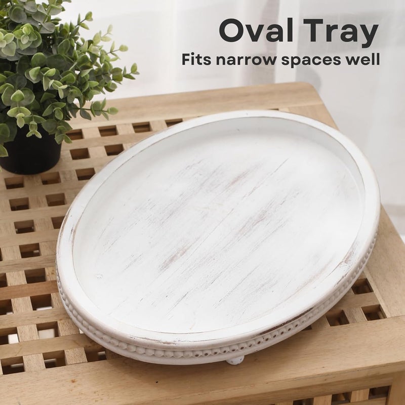 FESTWIND Wooden Tray,Oval Decorative Tray for Coffee Table Kitchen Dinning Table Entryway, Small Beaded Tray for Holidays, Farmhouse Centerpiece Decor Weathered White - Image 3